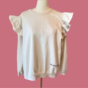 Clare V. Cream White Graphic Print Ruffle Cotton Sweatshirt 2XL